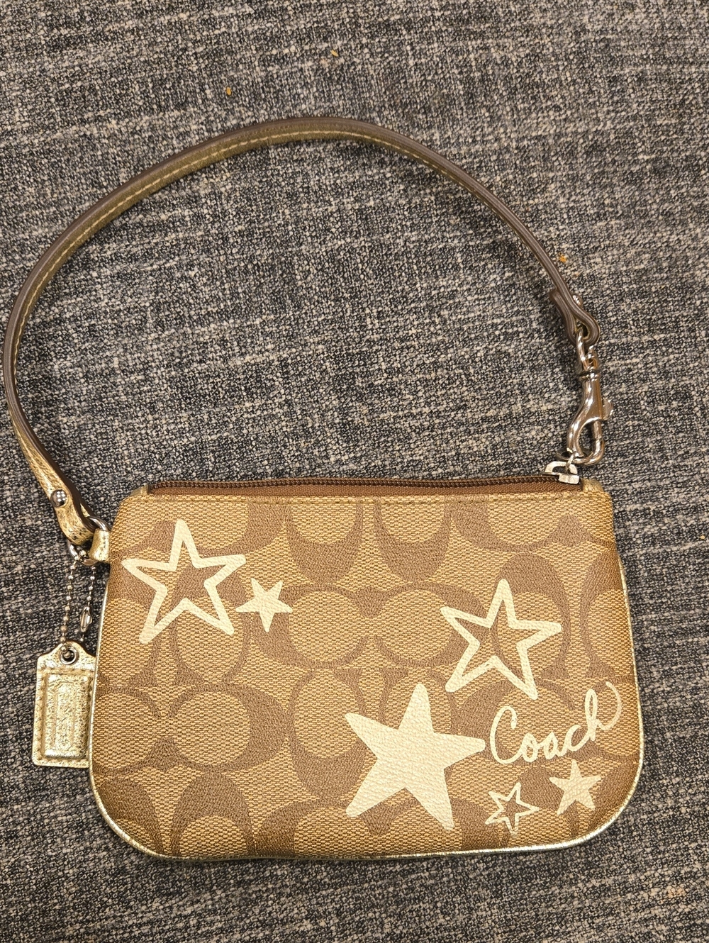 Coach Tan Signature Canvas Star Wristlet with Cream Accents